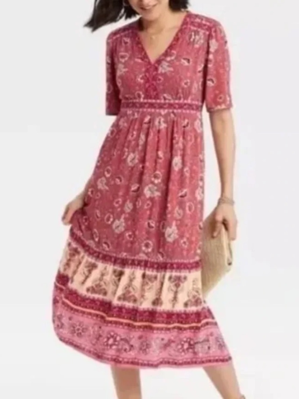 Target Knox Rose Short Sleeve V-Neck Boho Floral Midi Dress Paisley Dark Pink